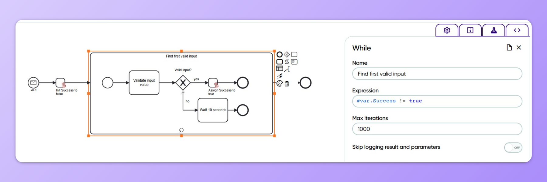 Example shows conditional iteration in Frends Processes.